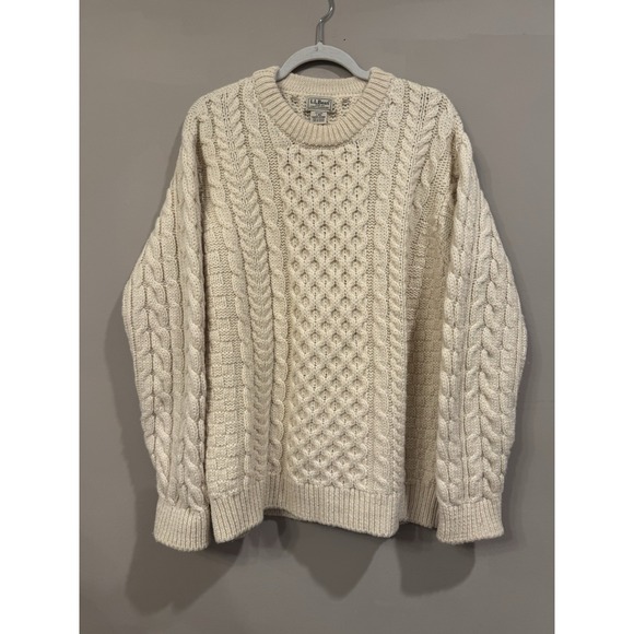 Vintage LL Bean Wool Sweater Men's L Cable Knit Made in Ireland Cream Fisherman - Picture 1 of 3